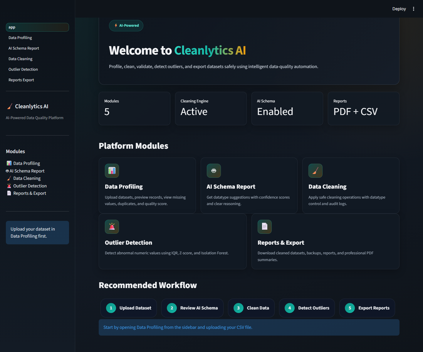 Cleanlytics AI Home Dashboard